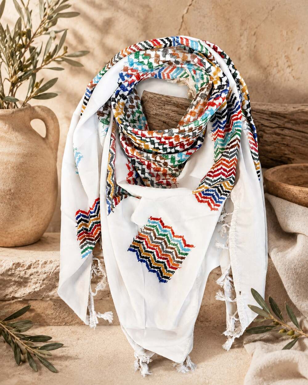 Authentic Palestinian Keffiyeh Scarf with Rainbow Chevron Pattern - Picture 5 of 5